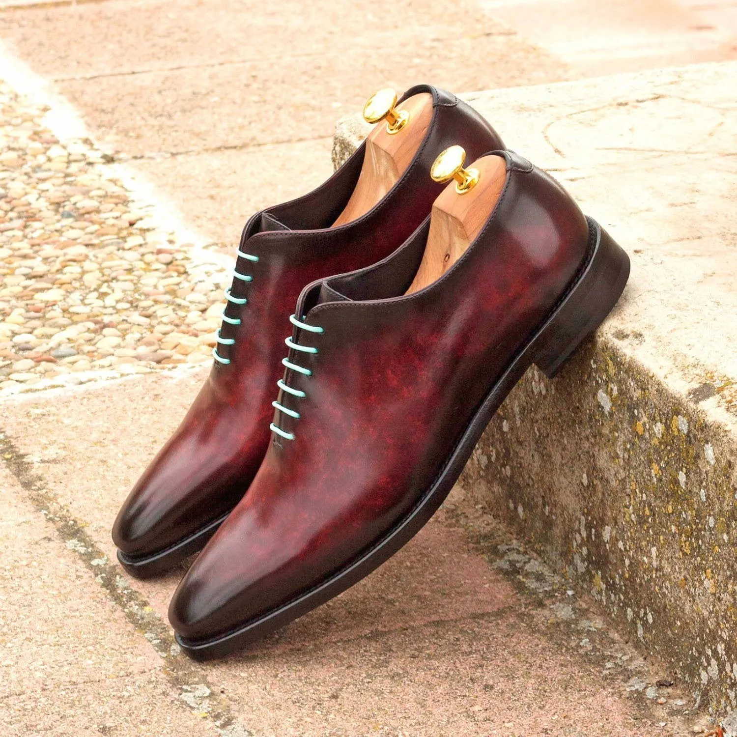 Ambrogio Bespoke Men's Handmade Custom Made Shoes Gray & Burgundy Patina Leather Dress Oxfords (AMB1294)