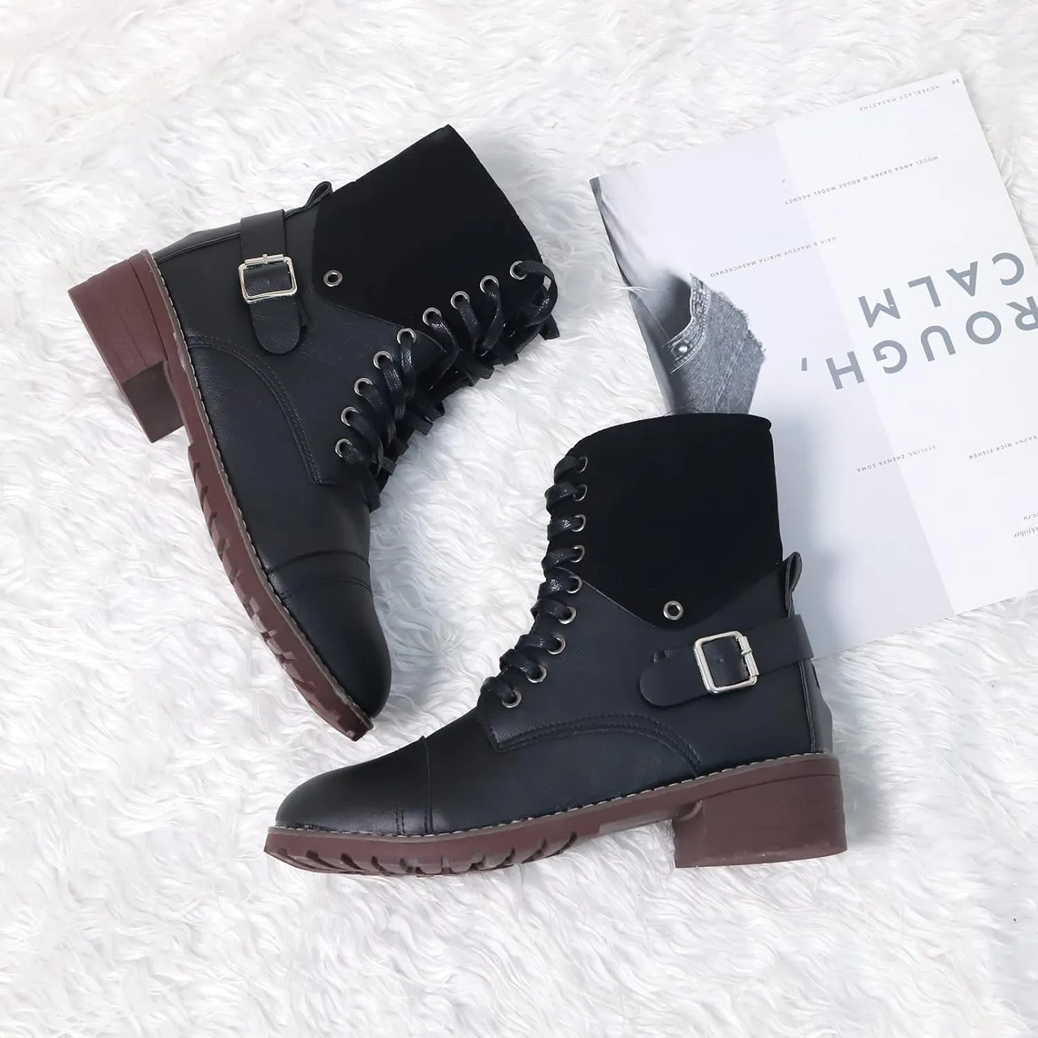 Ankle Boots for Women Leather Combat Boots for Women Fashionable Leather Lace up Pointed Toe Rubber Sole Outdoor Boot