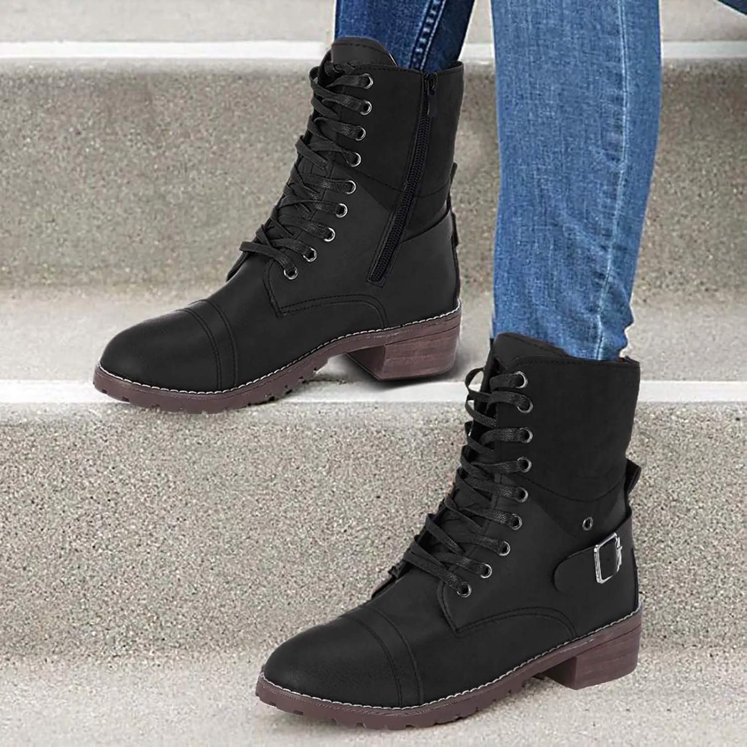 Ankle Boots for Women Leather Combat Boots for Women Fashionable Leather Lace up Pointed Toe Rubber Sole Outdoor Boot