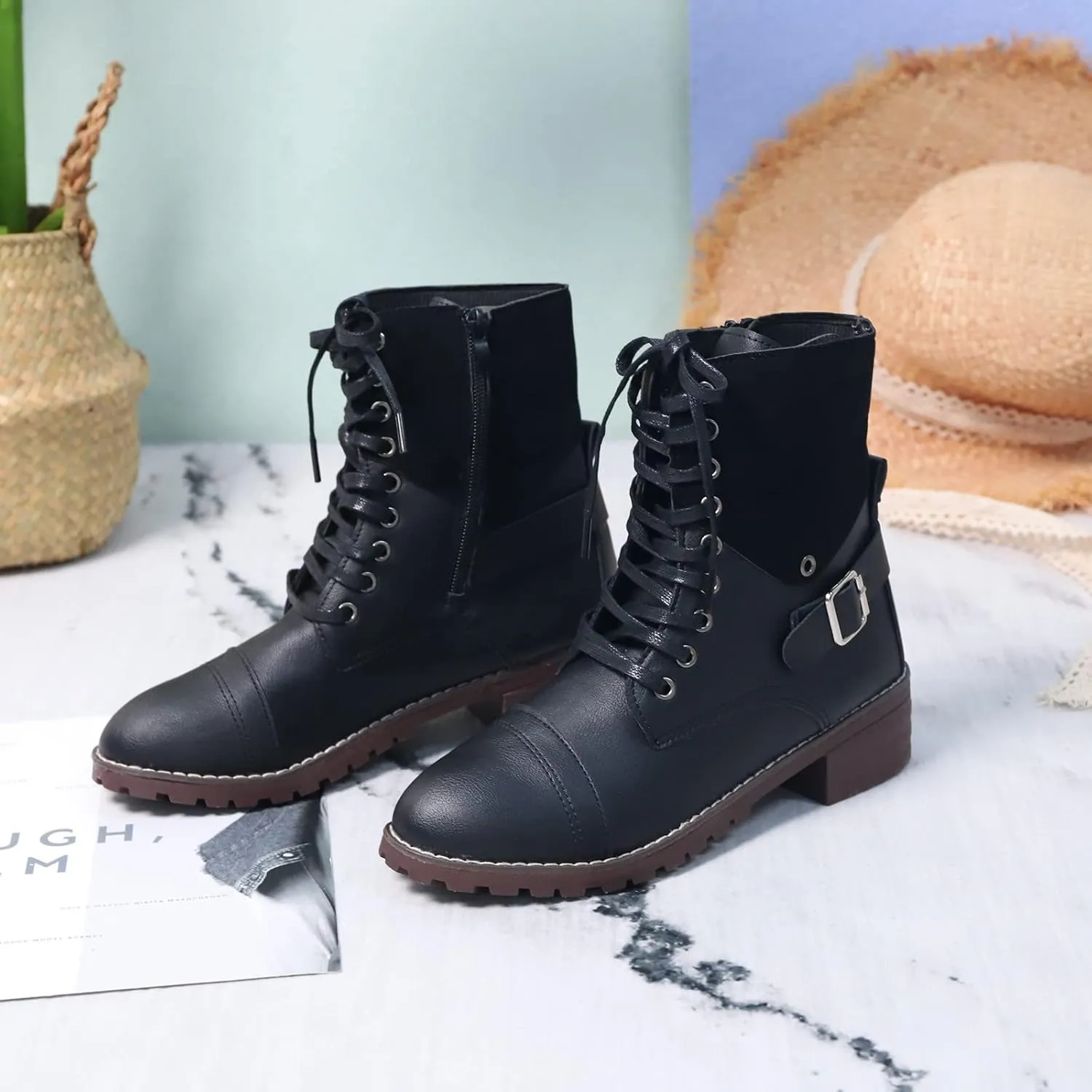 Ankle Boots for Women Leather Combat Boots for Women Fashionable Leather Lace up Pointed Toe Rubber Sole Outdoor Boot