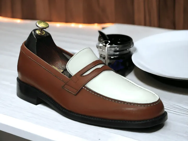 Awesome Men's Handmade White & Brown Loafer Shoes, Men Formal Dress Shoes