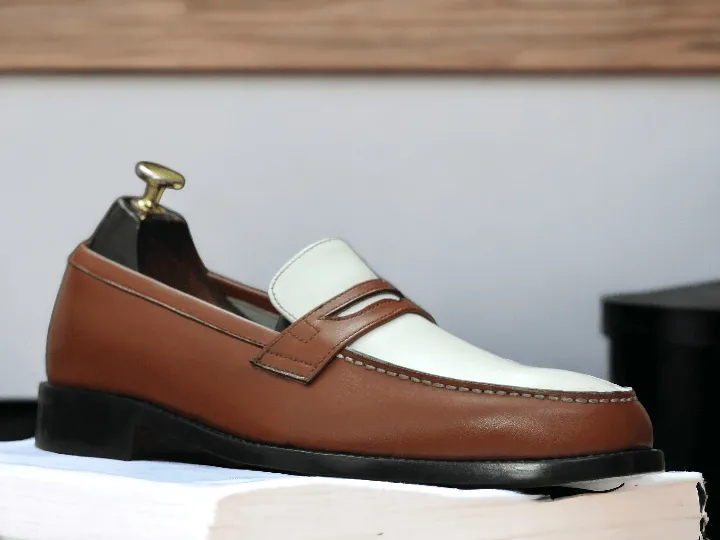 Awesome Men's Handmade White & Brown Loafer Shoes, Men Formal Dress Shoes