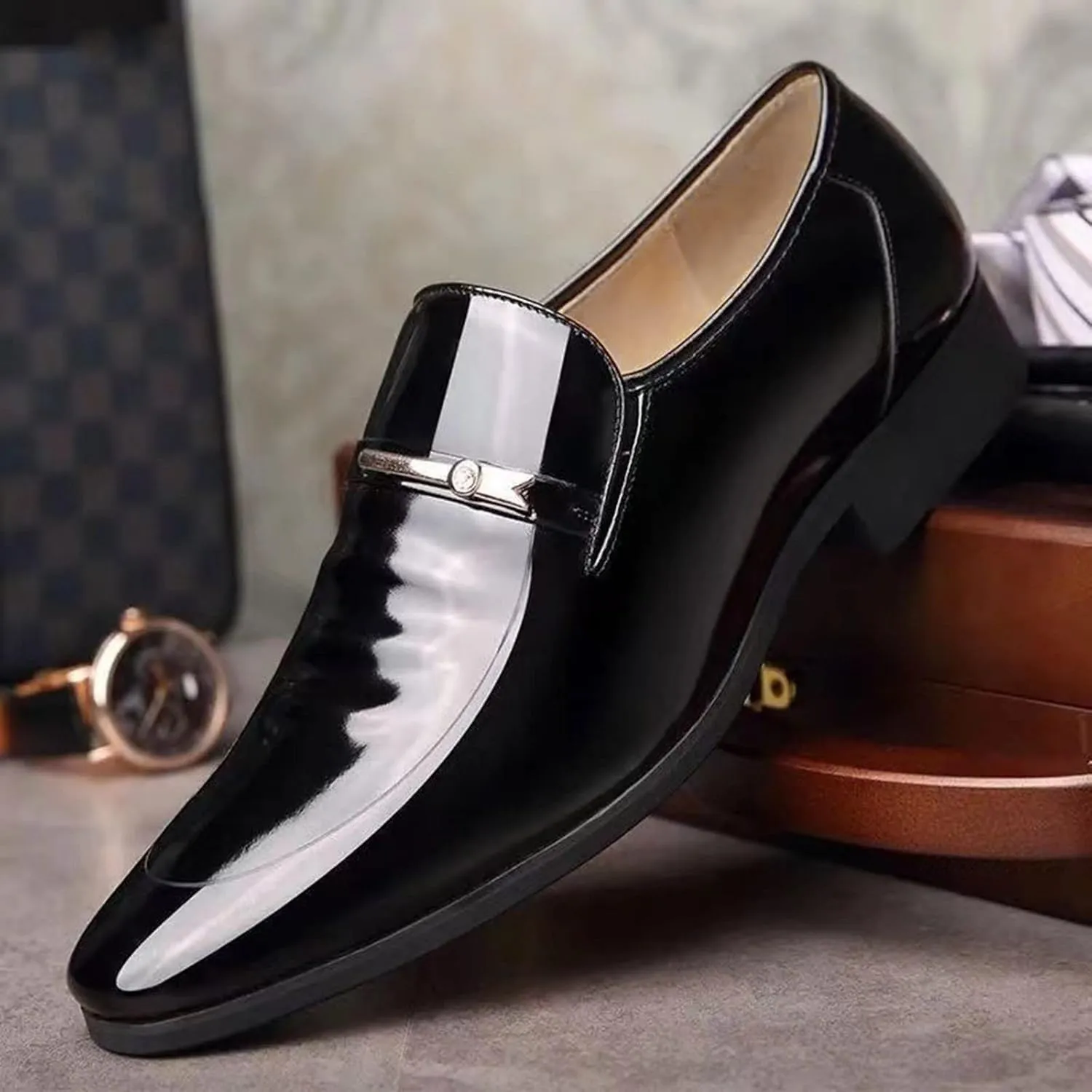 BORAMAX Mens Leather Oxford Shoes Male Pointed Toe Suit Shoes Flats Men Business Shoes wingtip Dress Shoes PU Leather Shoes