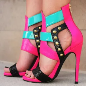 Color Block Patchwork Open Toe Back Zipper Stiletto High Heel Sandals