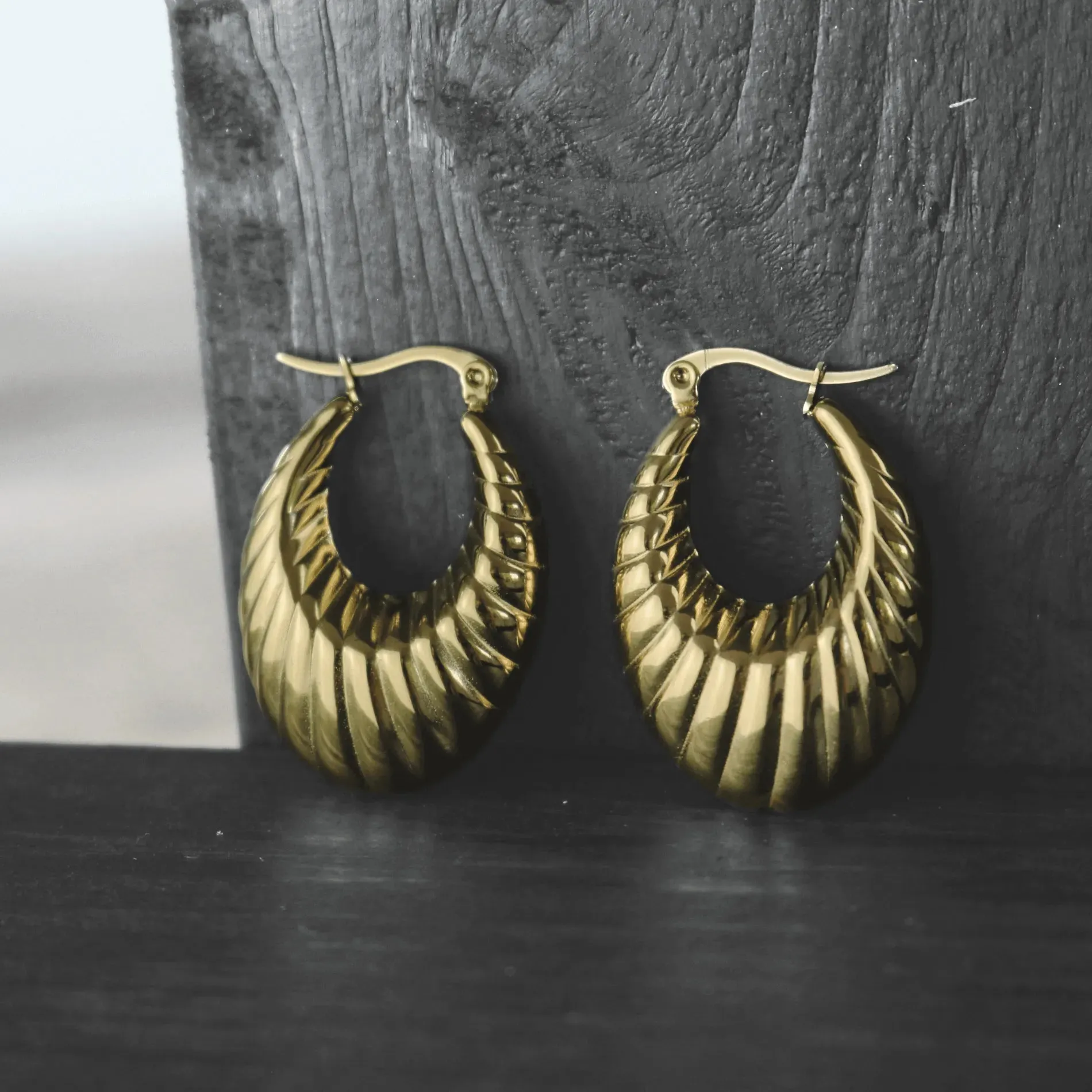 Courage Waterproof Oval Ripple Statement Earring 18K Gold Plating