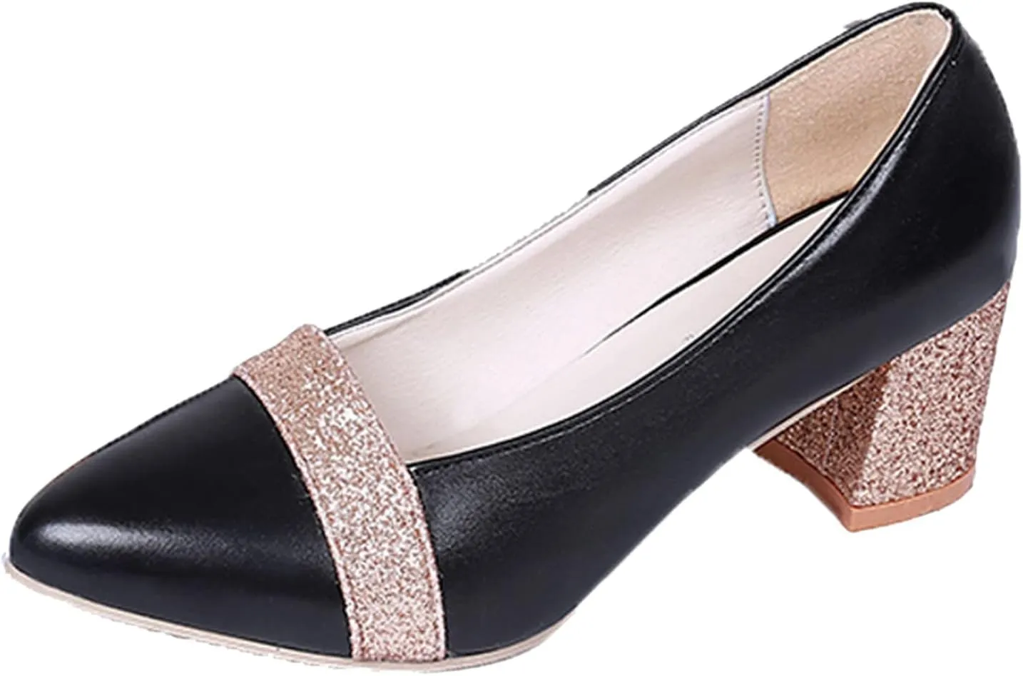 Fashion Autumn Women Casual Shoes Thick Heel Medium Heel Pointed Toe Colorblock Sequins Wide Womens Casual Shoes (Black, 8)