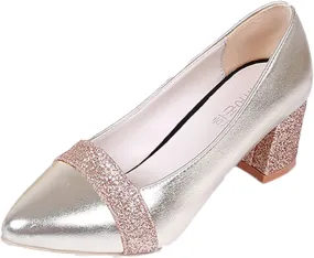 Fashion Autumn Women Casual Shoes Thick Heel Medium Heel Pointed Toe Colorblock Sequins Wide Womens Casual Shoes (Gold, 6.5)