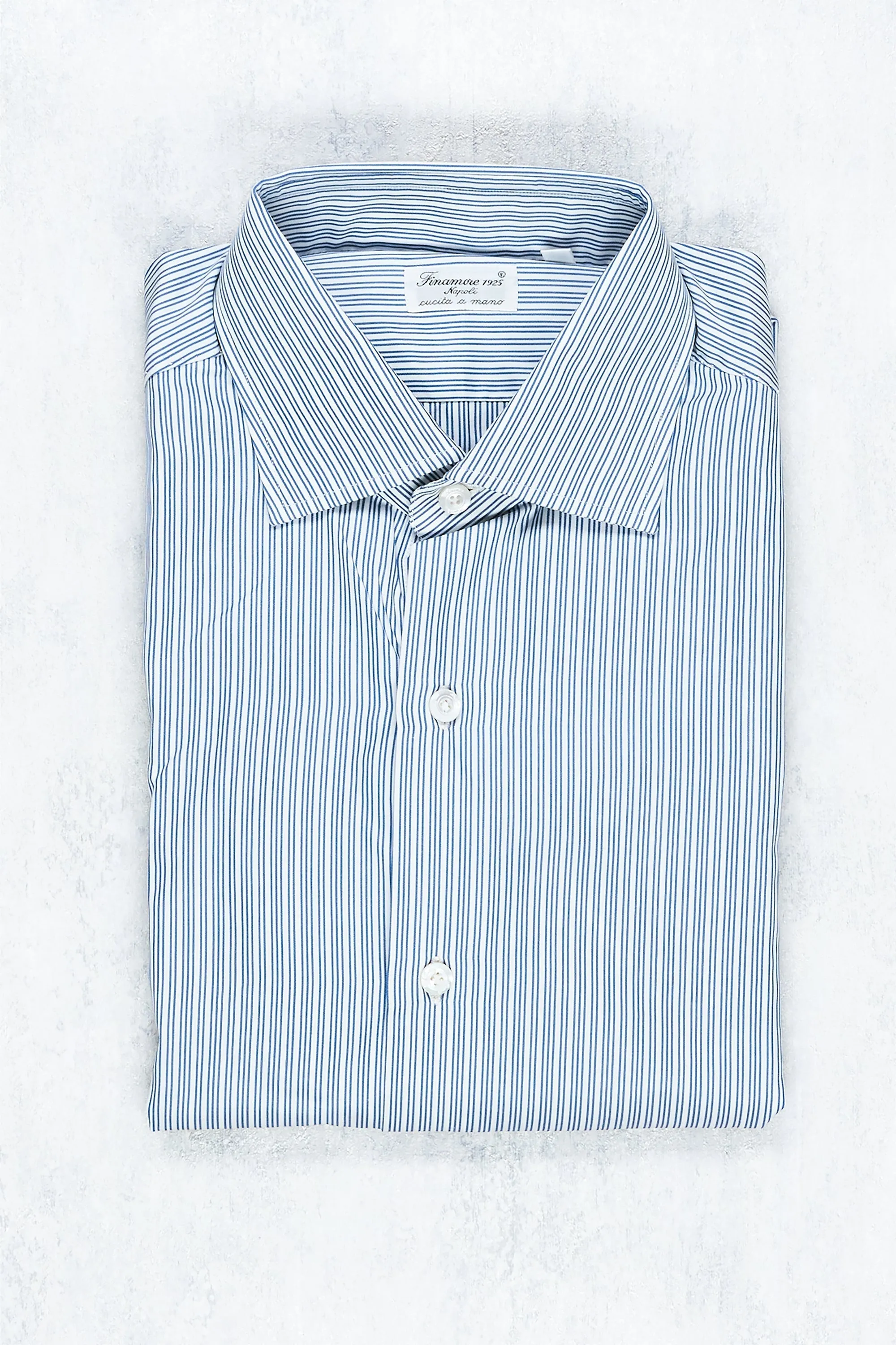 Finamore Double-Triple Blue Stripe Cotton Spread Collar Dress Shirt