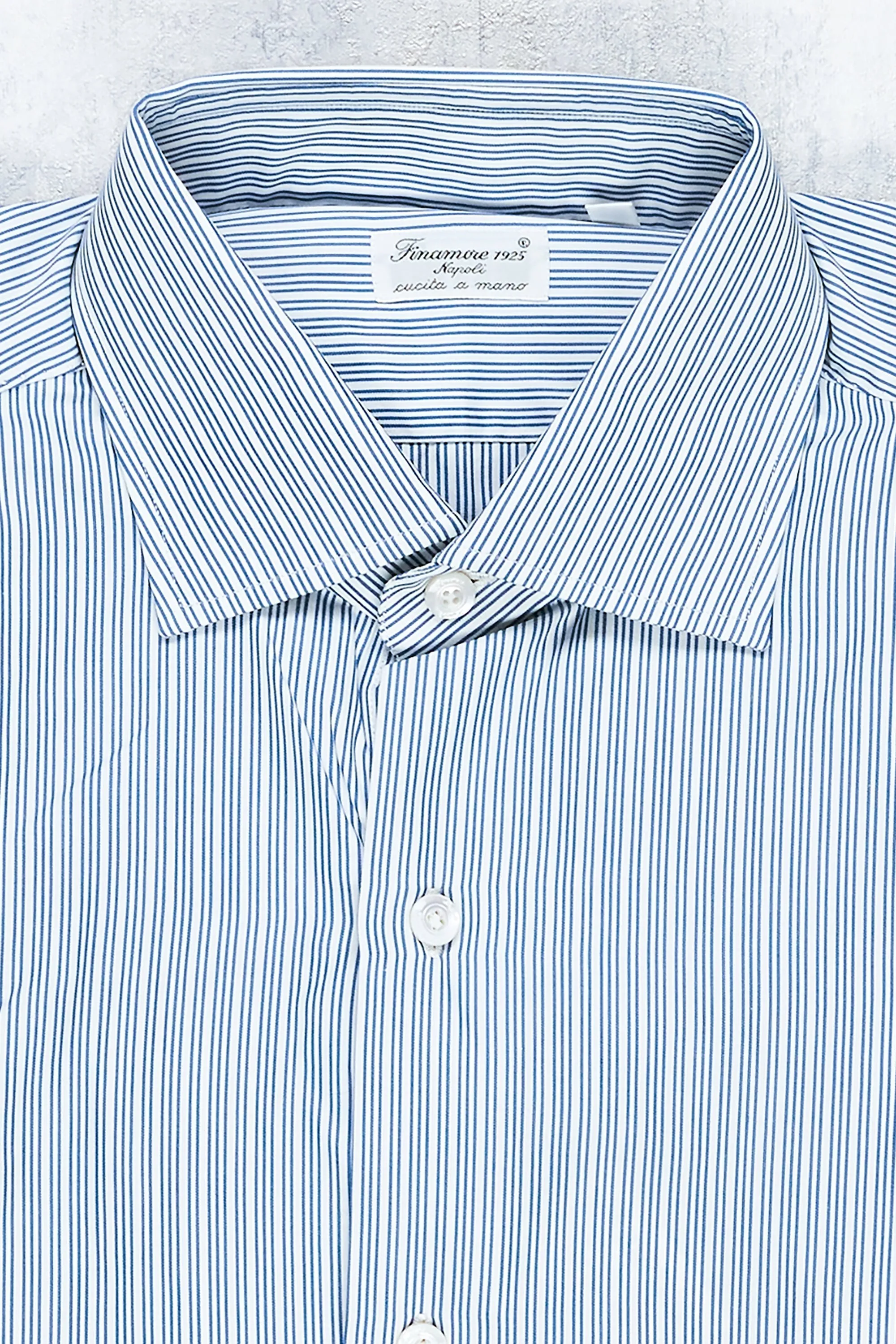 Finamore Double-Triple Blue Stripe Cotton Spread Collar Dress Shirt