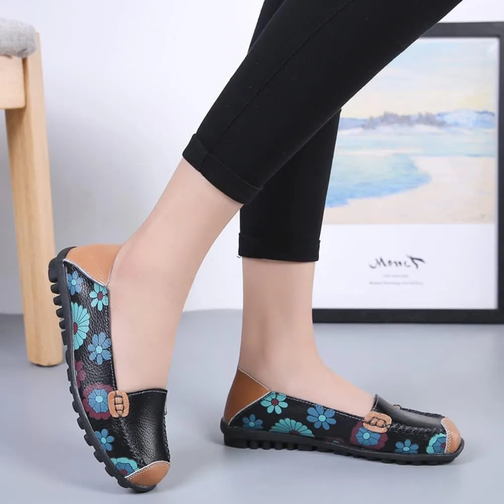 FolHaoth Leather Casual Loafers for Womens Floral Print Non Slip Leather Flat Shoes Comfortable Womens Slip on Walking Driving Shoes