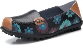 FolHaoth Leather Casual Loafers for Womens Floral Print Non Slip Leather Flat Shoes Comfortable Womens Slip on Walking Driving Shoes