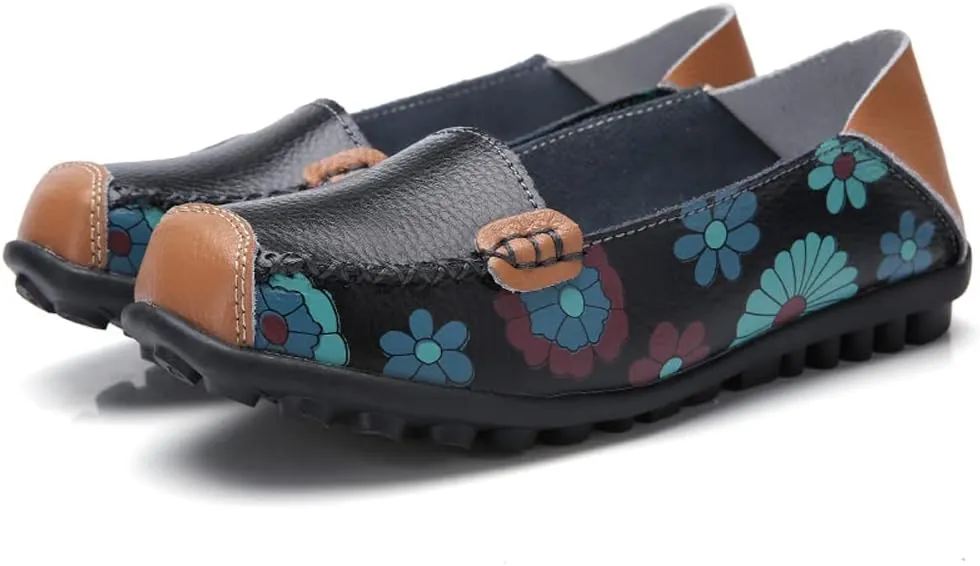 FolHaoth Leather Casual Loafers for Womens Floral Print Non Slip Leather Flat Shoes Comfortable Womens Slip on Walking Driving Shoes