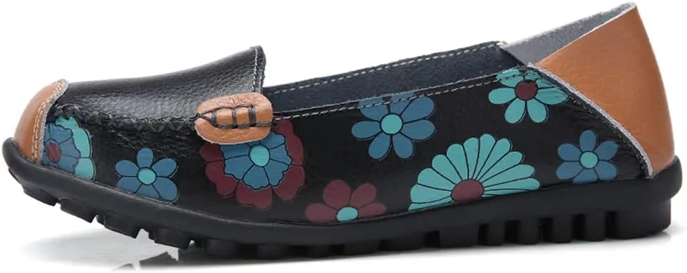 FolHaoth Leather Casual Loafers for Womens Floral Print Non Slip Leather Flat Shoes Comfortable Womens Slip on Walking Driving Shoes