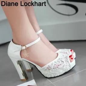 Frauen Sommer Spitze Mesh Schuhe Fisch Mund High Heel Damen Plateausandalen Abendkleid Hochzeitsschuhe femal zapatos de mujer 43