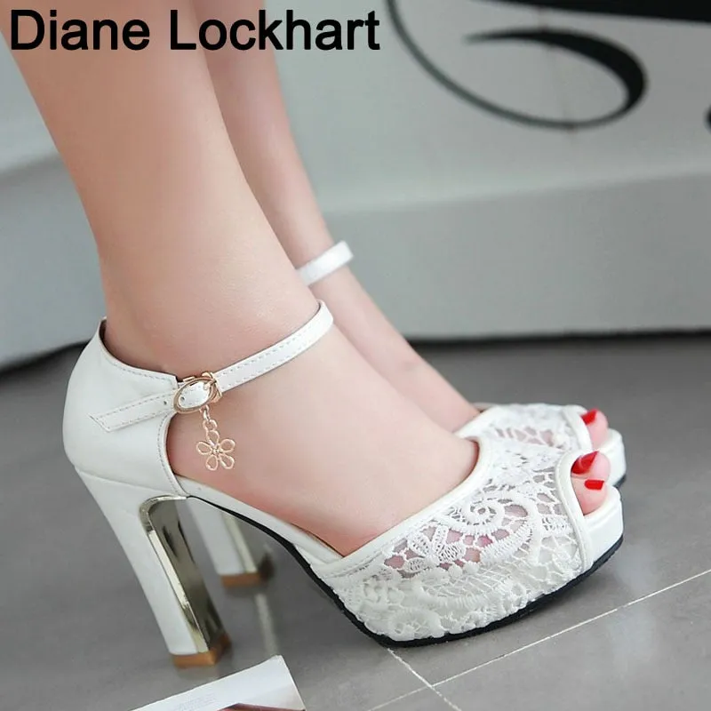Frauen Sommer Spitze Mesh Schuhe Fisch Mund High Heel Damen Plateausandalen Abendkleid Hochzeitsschuhe femal zapatos de mujer 43