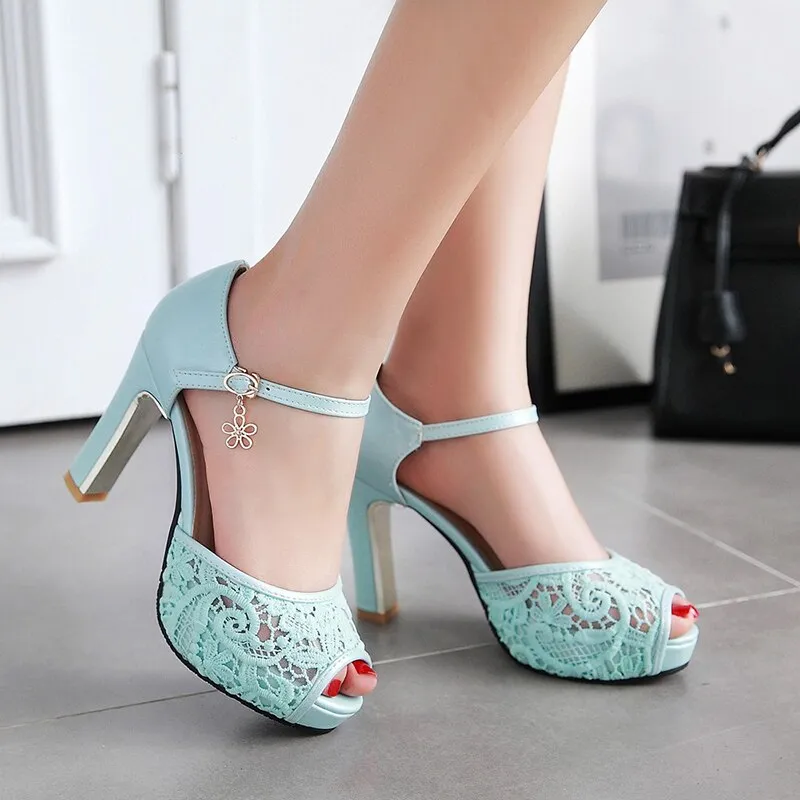 Frauen Sommer Spitze Mesh Schuhe Fisch Mund High Heel Damen Plateausandalen Abendkleid Hochzeitsschuhe femal zapatos de mujer 43