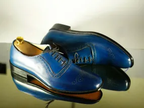 Handmade Men's Blue Wing Tip Brogue Leather Lace Up Shoes, Men Designer Dress Formal Luxury Shoes