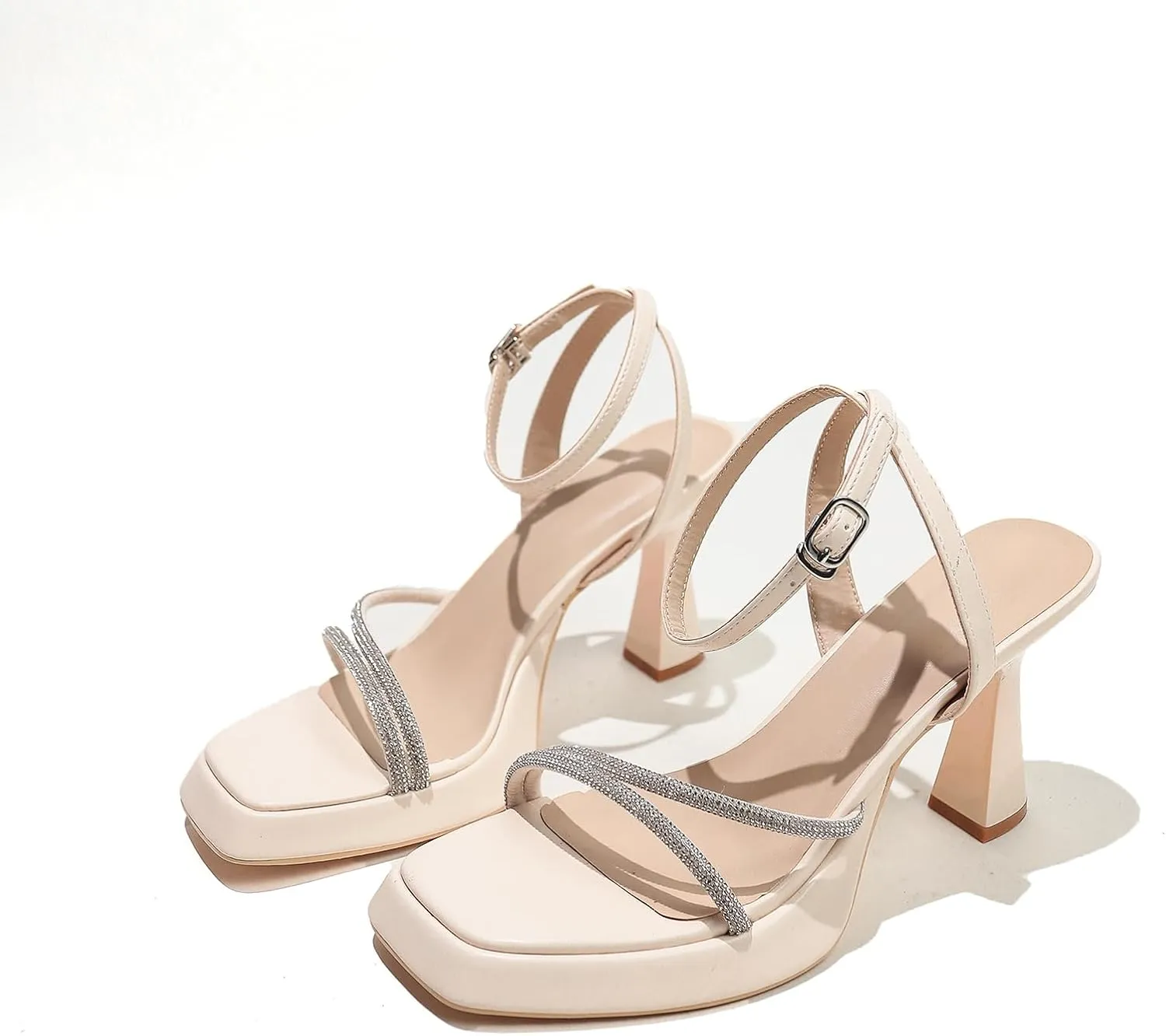 High Heels for Women's High Stilettos Heels Open Square Toe Ankle Strap Chunky Block Heels Sandals Wedding Bridal Party Prom Sexy Dress Shoes