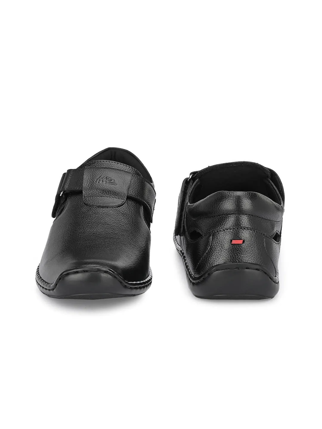 Hitz Men's Black Leather Shoe-Style Sandals