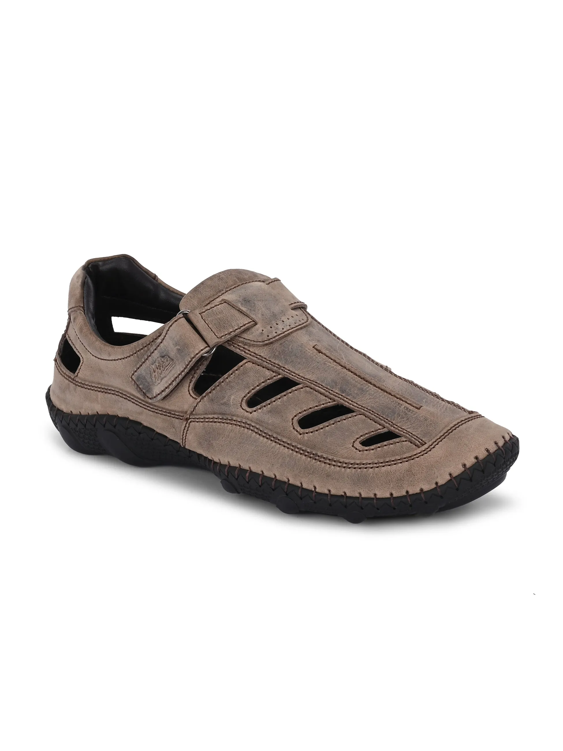 Hitz Men's Brown Leather Daily Wear Velcro Sandals