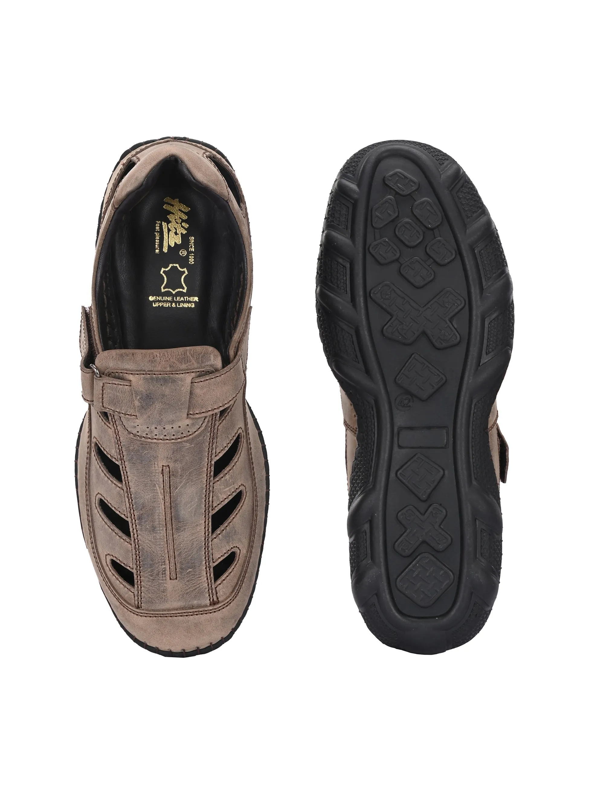 Hitz Men's Brown Leather Daily Wear Velcro Sandals