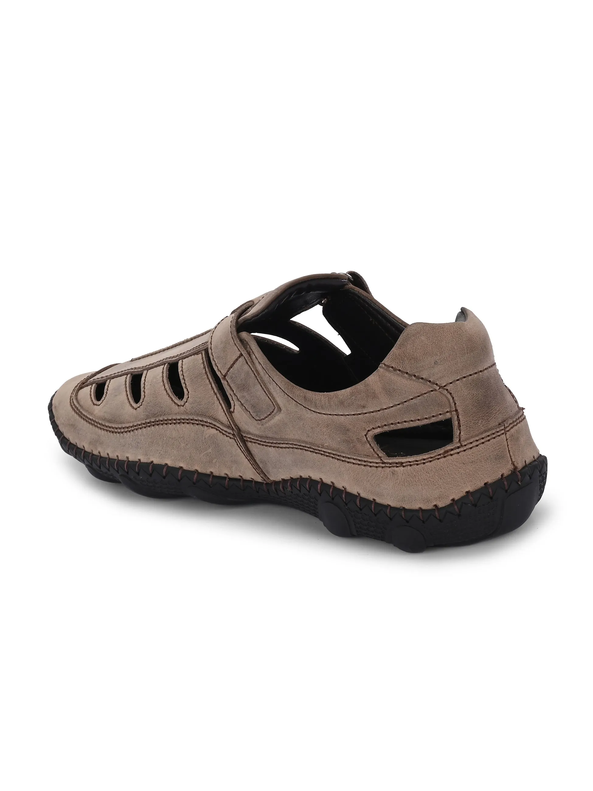 Hitz Men's Brown Leather Daily Wear Velcro Sandals