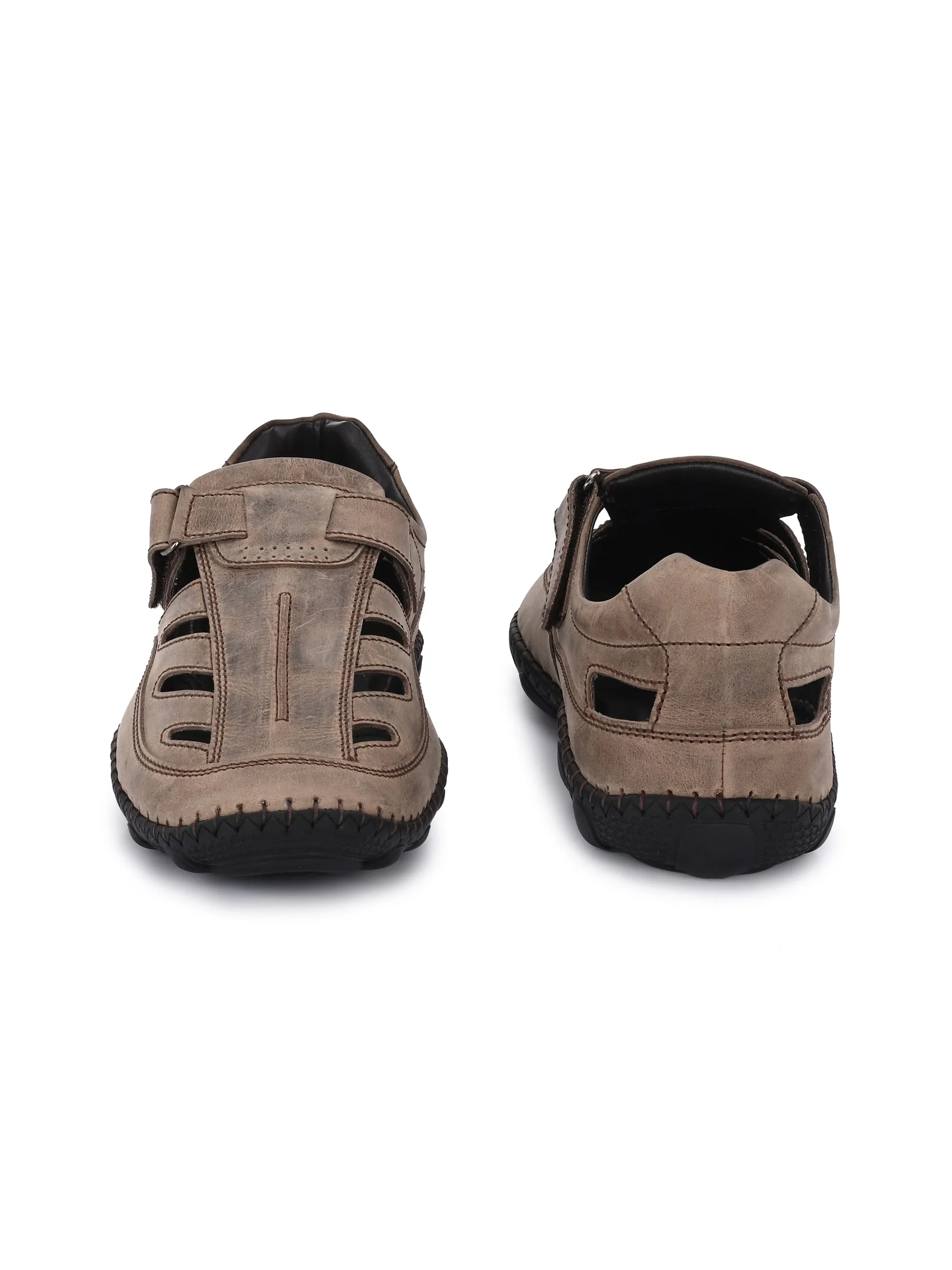 Hitz Men's Brown Leather Daily Wear Velcro Sandals