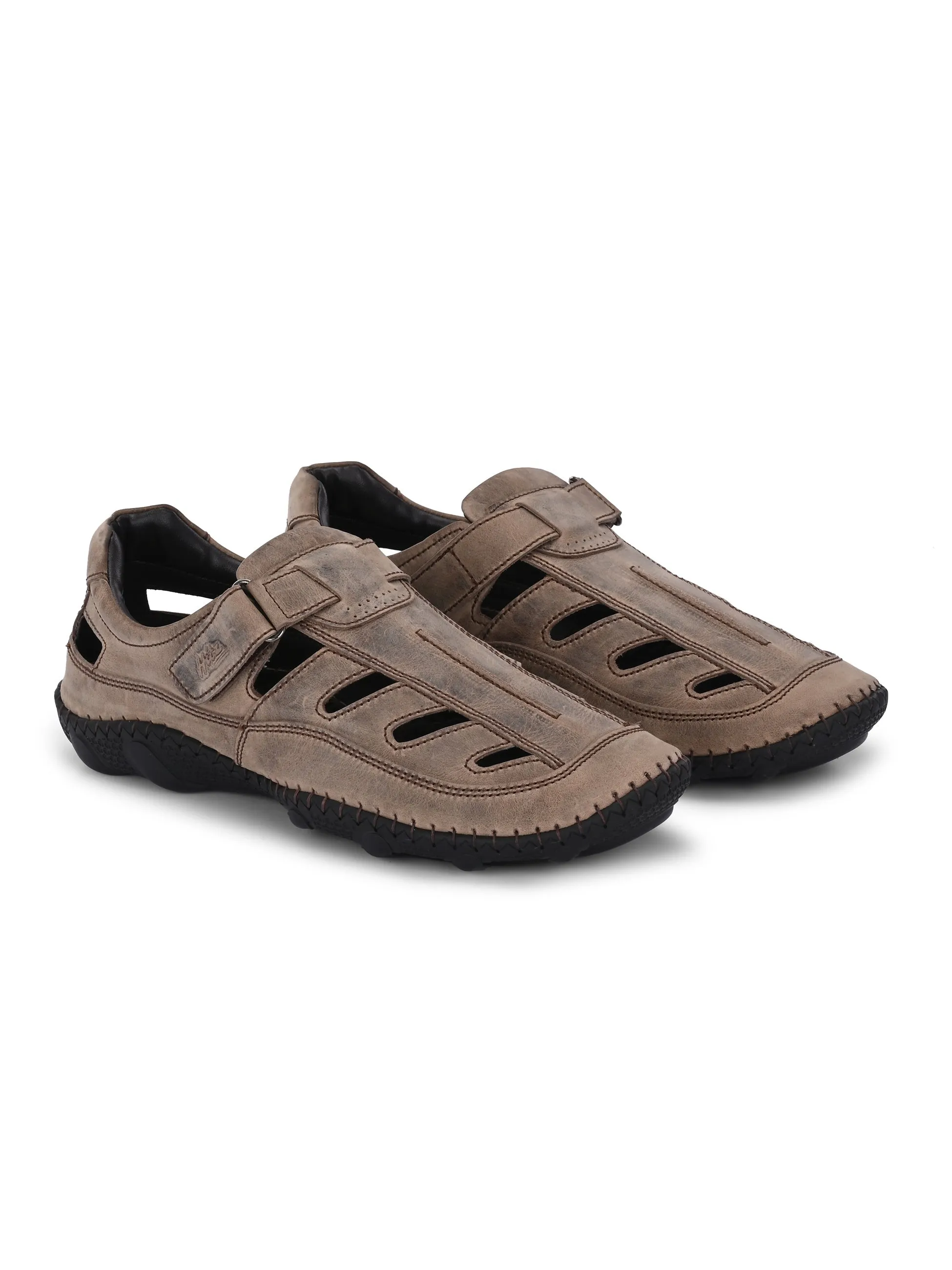 Hitz Men's Brown Leather Daily Wear Velcro Sandals