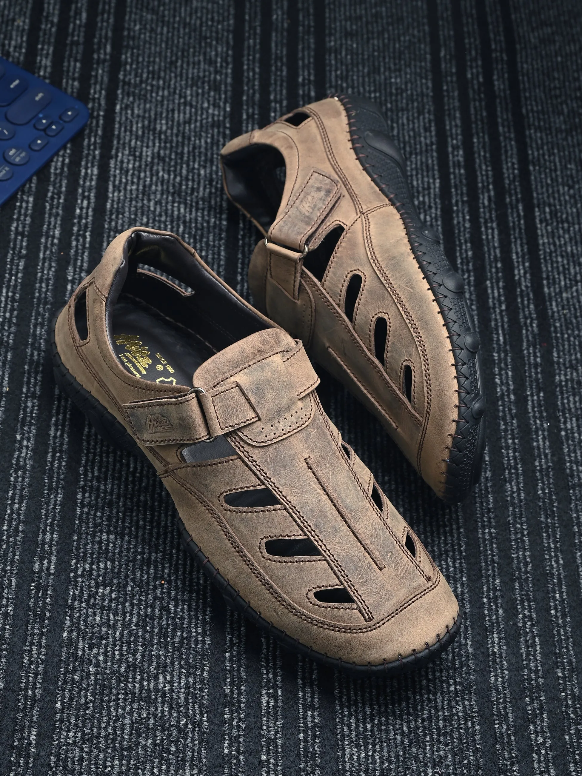 Hitz Men's Brown Leather Daily Wear Velcro Sandals