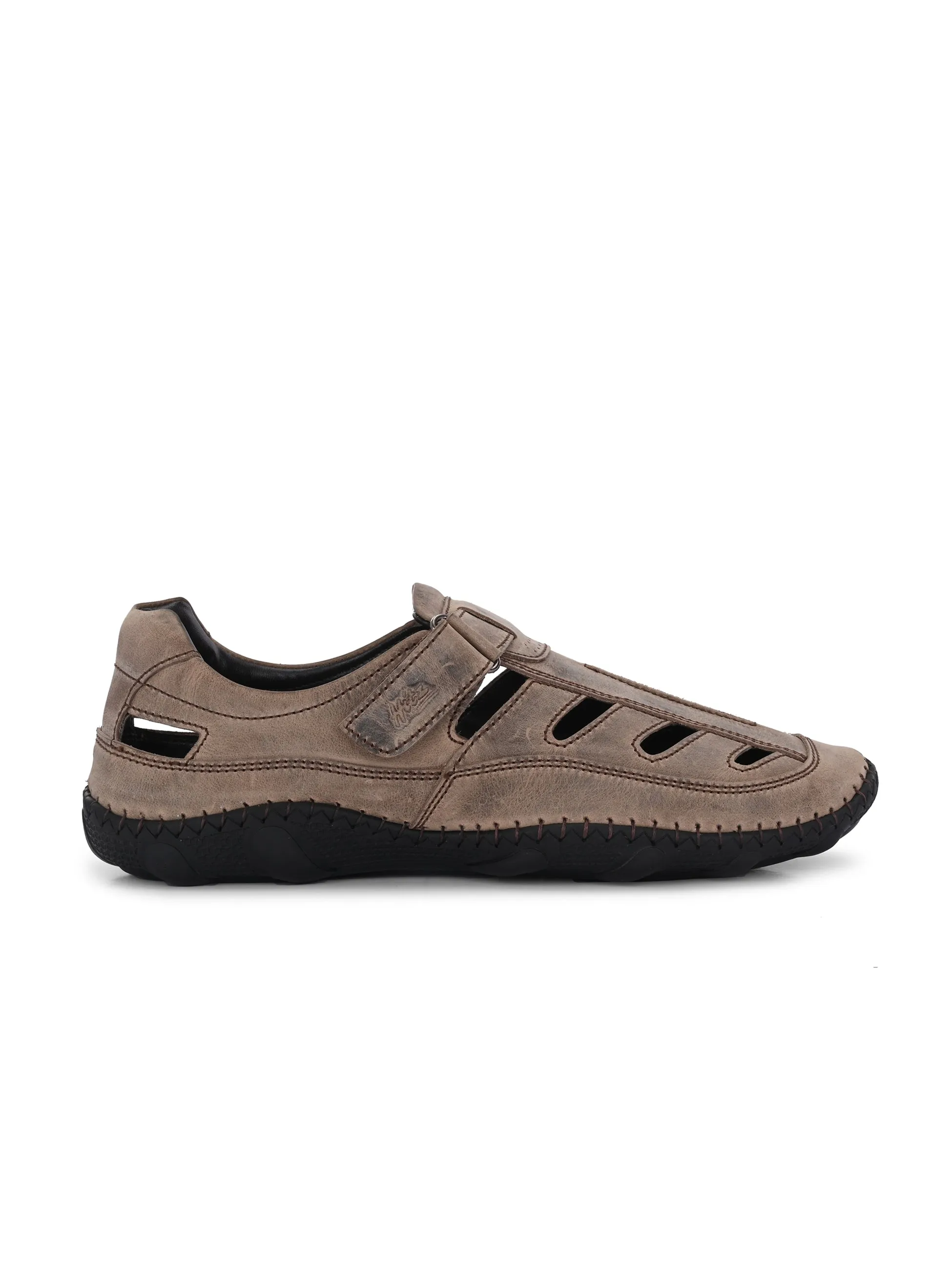 Hitz Men's Brown Leather Daily Wear Velcro Sandals