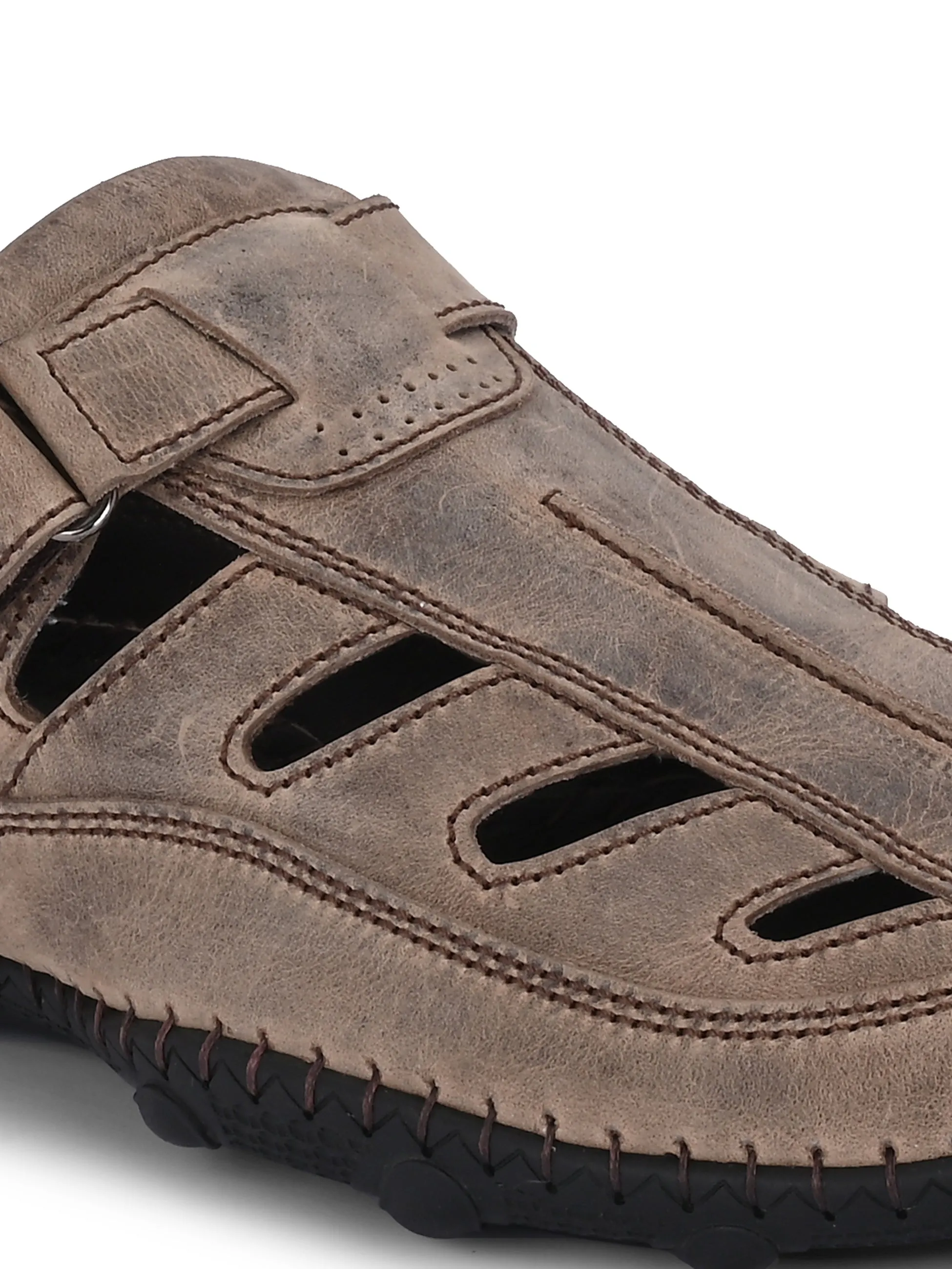 Hitz Men's Brown Leather Daily Wear Velcro Sandals