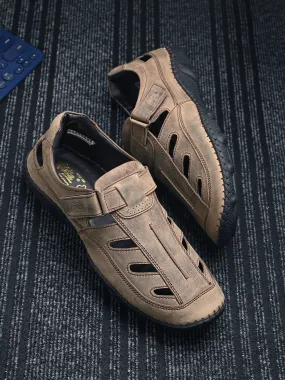 Hitz Men's Brown Leather Daily Wear Velcro Sandals