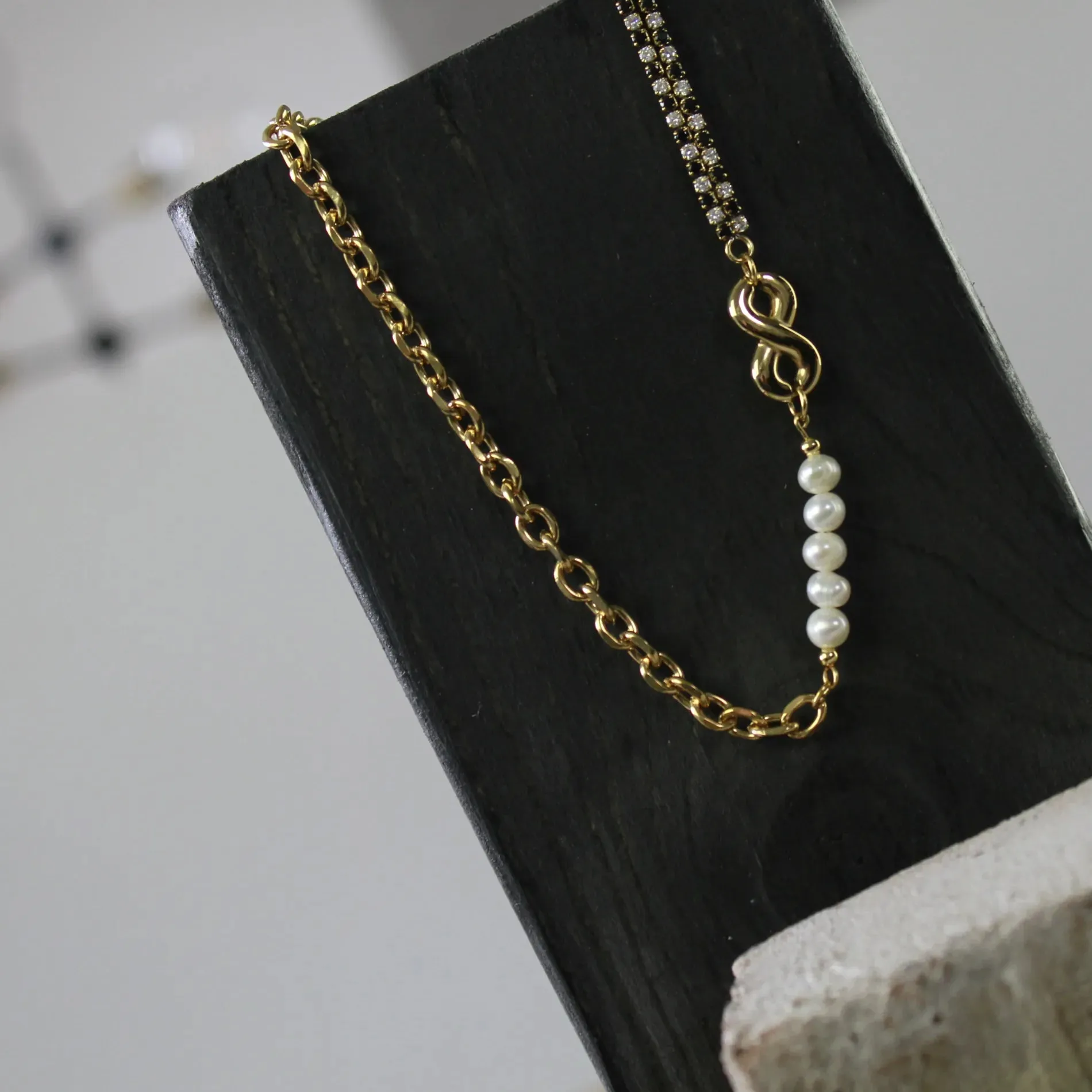 Joy Waterproof Infinity CZ Pearl Necklace 18K Gold Plating