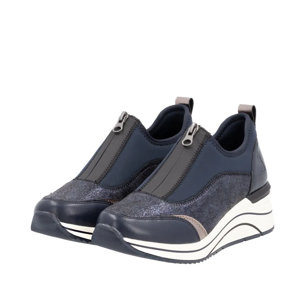 Ladies Zip Up Trainers Sneakers Navy Wedge D0T08-12
