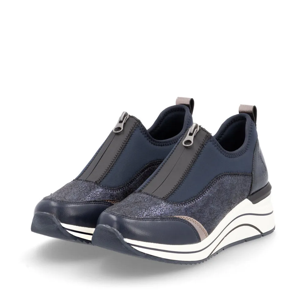 Ladies Zip Up Trainers Sneakers Navy Wedge D0T08-12