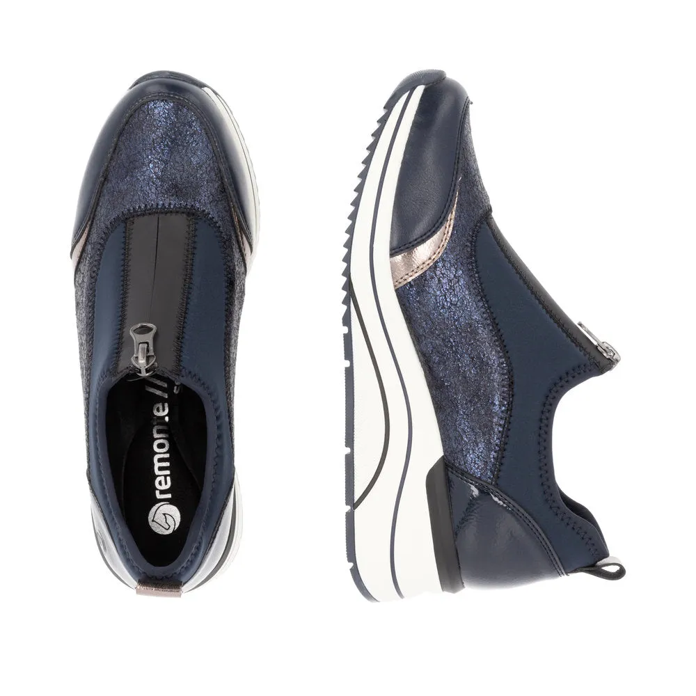 Ladies Zip Up Trainers Sneakers Navy Wedge D0T08-12