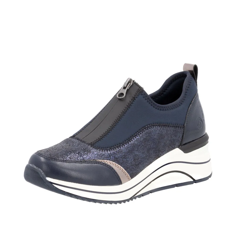 Ladies Zip Up Trainers Sneakers Navy Wedge D0T08-12
