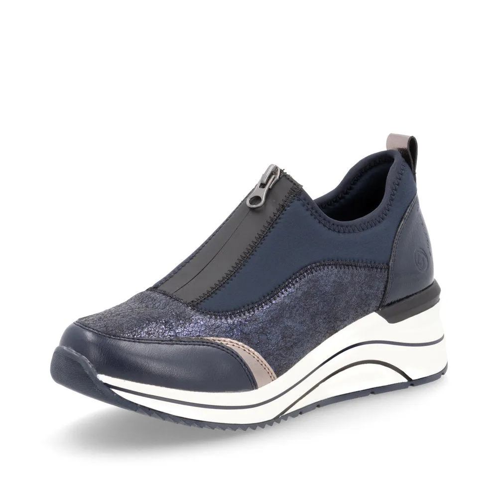 Ladies Zip Up Trainers Sneakers Navy Wedge D0T08-12