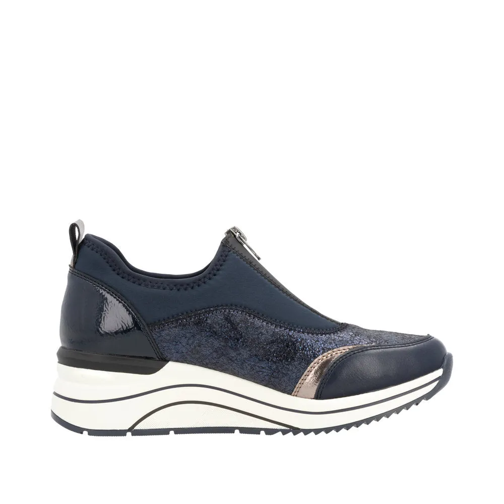 Ladies Zip Up Trainers Sneakers Navy Wedge D0T08-12