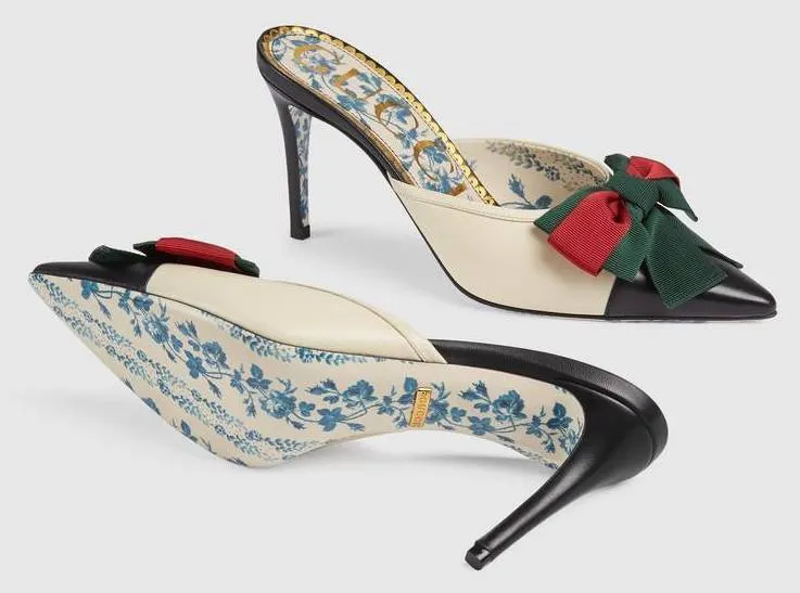 Leather Mid-Heel Slide with Web Bow