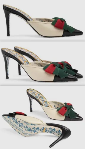 Leather Mid-Heel Slide with Web Bow