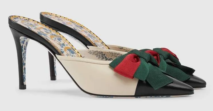 Leather Mid-Heel Slide with Web Bow
