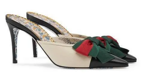 Leather Mid-Heel Slide with Web Bow