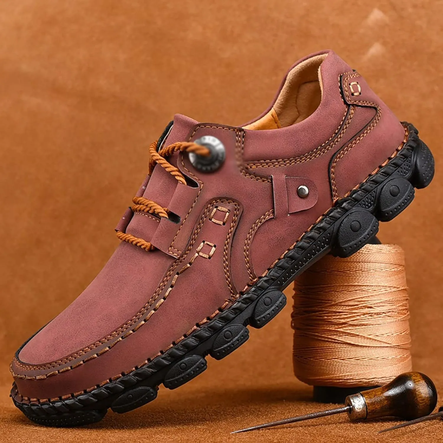 Mens Dress Shoes Handmade Casual Leather Shoes Men's Comfortable Soft Leather Men's Shoes Work Breathable red Shoes Walking Shoes(Brown,8.5)