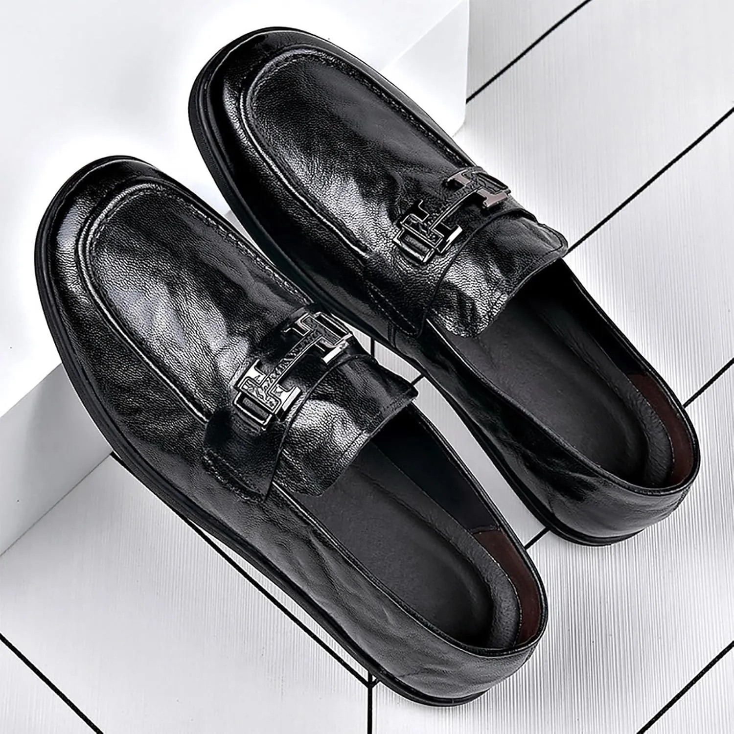Men's Leather Chunky Dress Shoes Comfortable Oxford Shoes ， Breathable Fashion Casual Round Toe Synthetic Leather Business Footwear