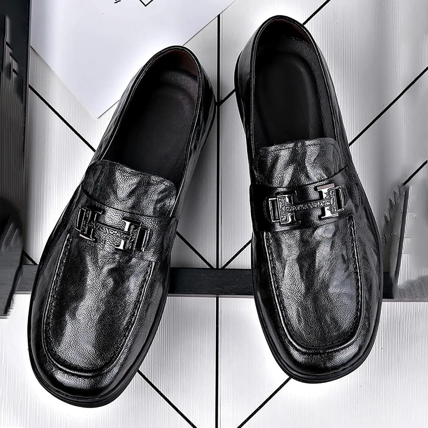 Men's Leather Chunky Dress Shoes Comfortable Oxford Shoes ， Breathable Fashion Casual Round Toe Synthetic Leather Business Footwear