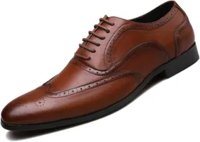 Men's Leather Wingtip Carving Brogue Dress Shoes Lace Up Leather Round Toe Low-Top Non Slip Dress Shoes Casual Tuxedo Leather Shoes