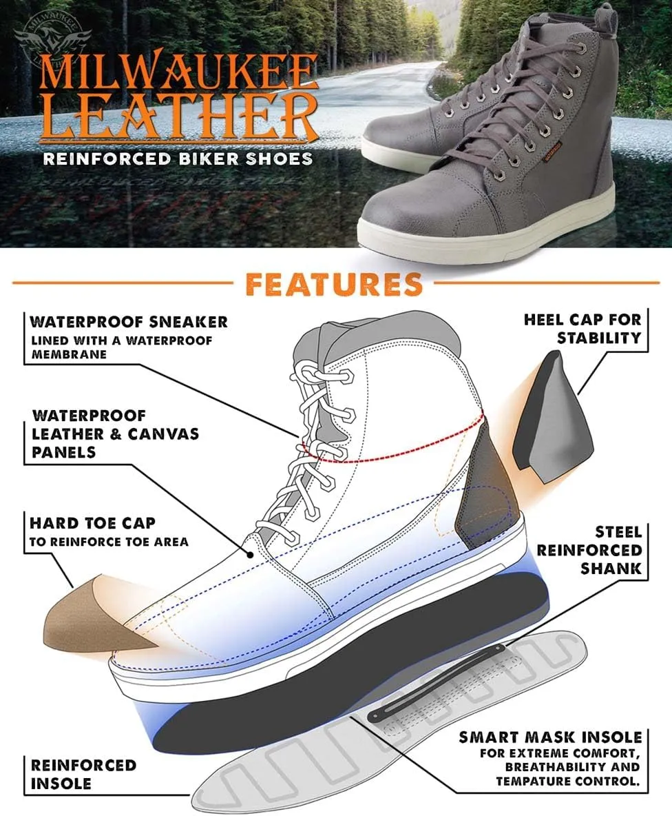 Milwaukee Leather MBM9003WP Men's Grey Leather and Canvas Reinforced Street Riding Waterproof Shoes with Ankle Support - 12