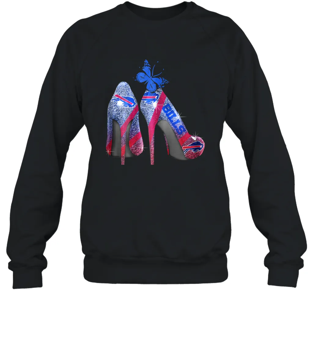 NFL Buffalo Bill Rhinestone High Heels Butterfly Rhinestone Tide Crewneck Sweatshirt