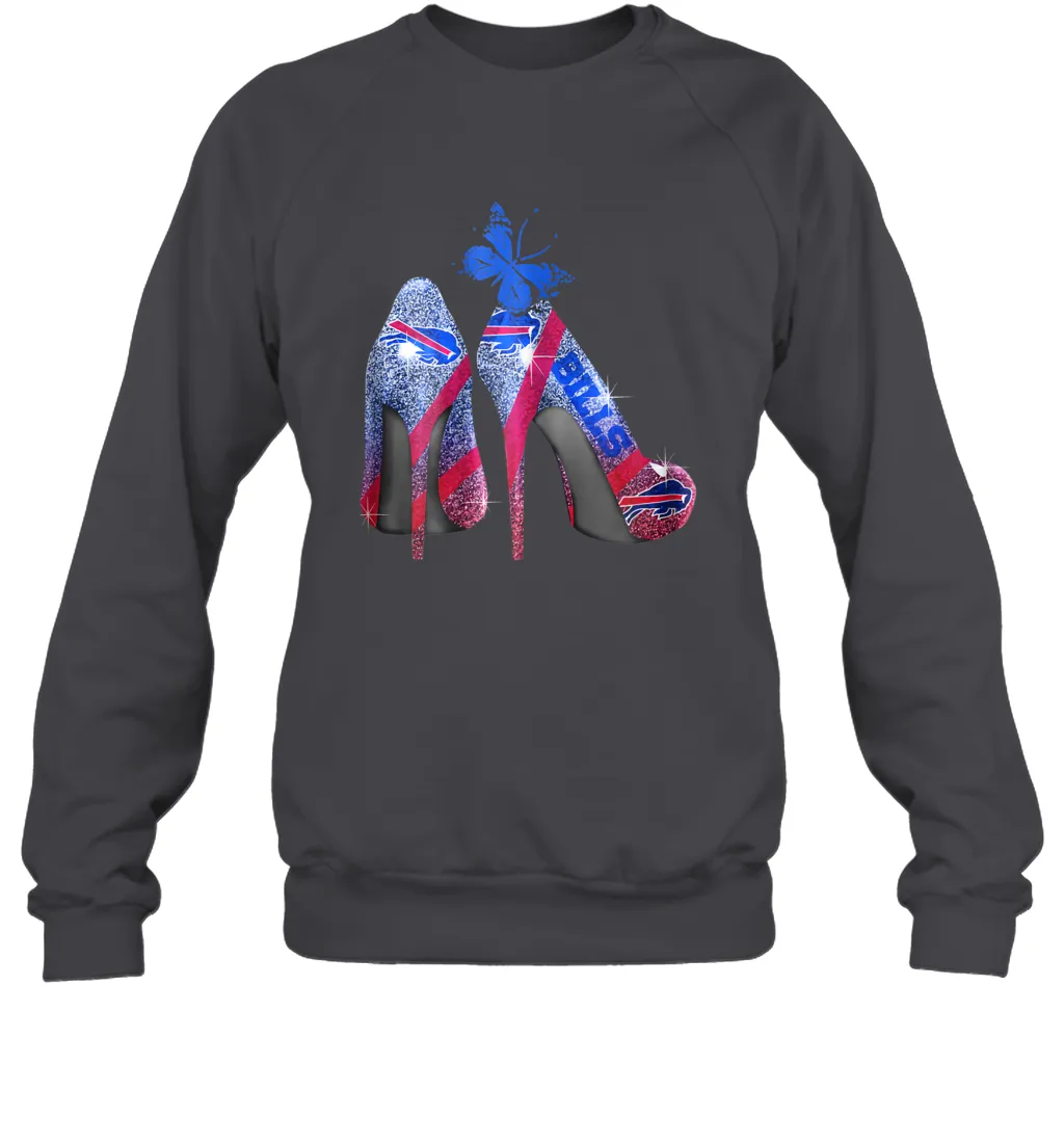 NFL Buffalo Bill Rhinestone High Heels Butterfly Rhinestone Tide Crewneck Sweatshirt